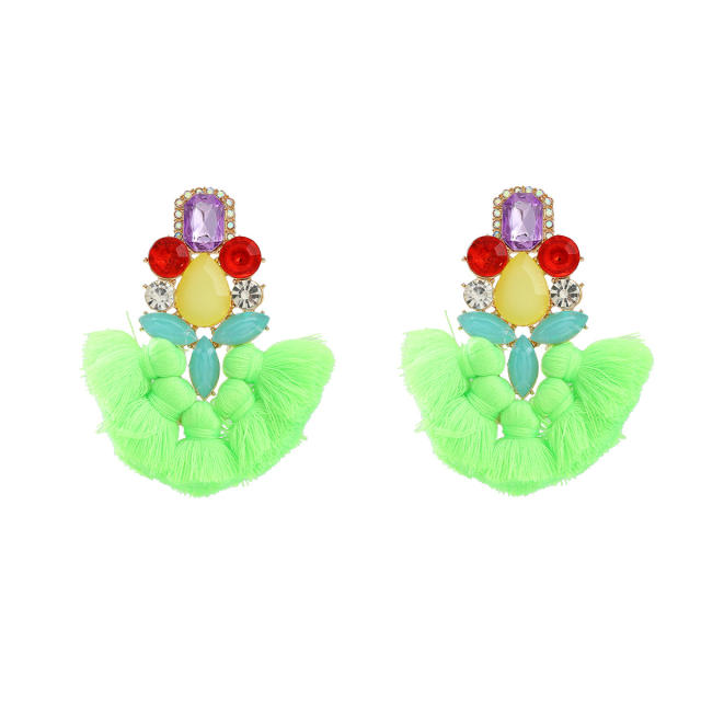 Boho colorful tassel fan design glass crystal statement earrings