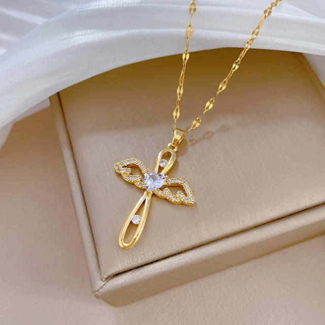 Delicate hollow out angel cross pendant stainless steel chain necklace