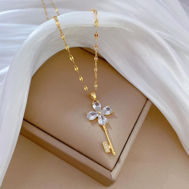 Dainty diamond keychain pendant stainless steel chain necklace