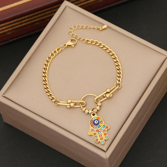 Personality clover evil eye charm stainless steel chain bracelet