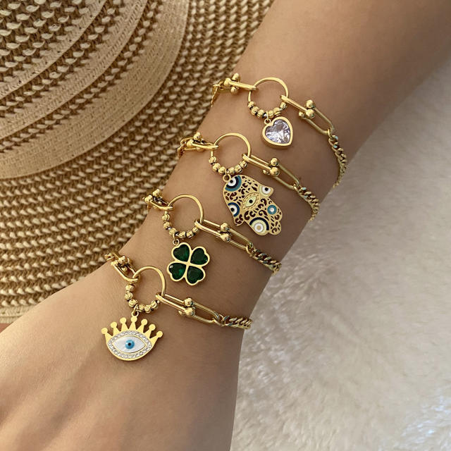 Personality clover evil eye charm stainless steel chain bracelet