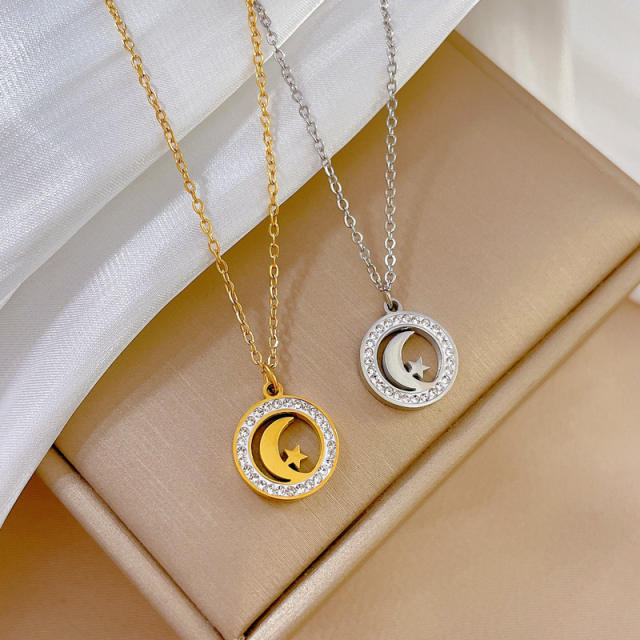 Dainty diamond moon star round pendant stainless steel chain necklace