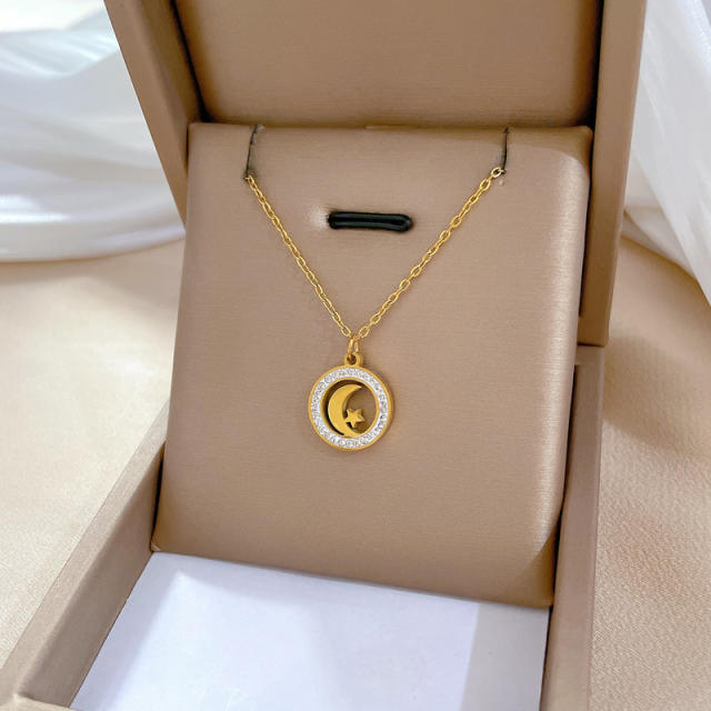 Dainty diamond moon star round pendant stainless steel chain necklace