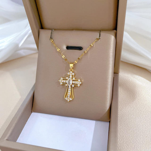 Delicate diamond cross pendant stainless steel chain necklace