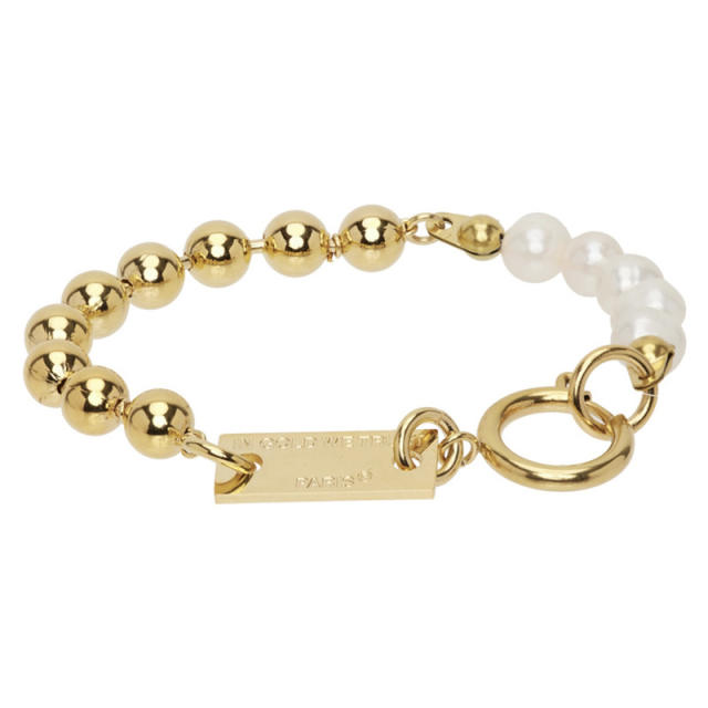 Personality two tone stainless steel chain water pearl bead bracelet