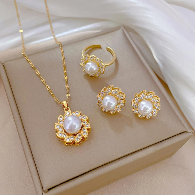 Delicate rotatable pearl diamond flower pendant stainless steel necklace set