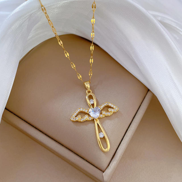 Delicate hollow out angel cross pendant stainless steel chain necklace