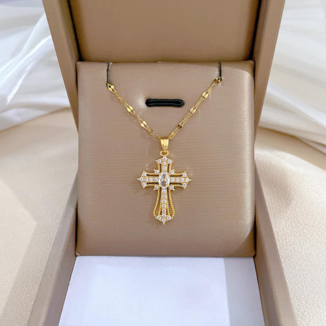 Delicate diamond cross pendant stainless steel chain necklace