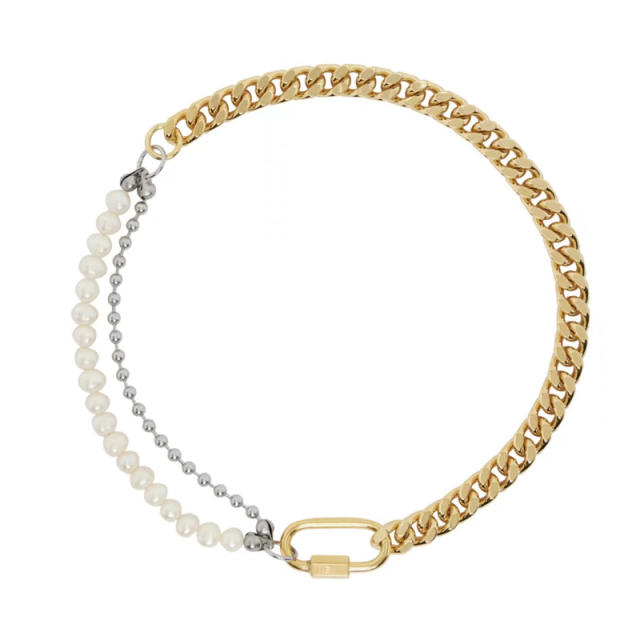 Popular chunky cuban link chain pearl chain two tone stainless steel necklace