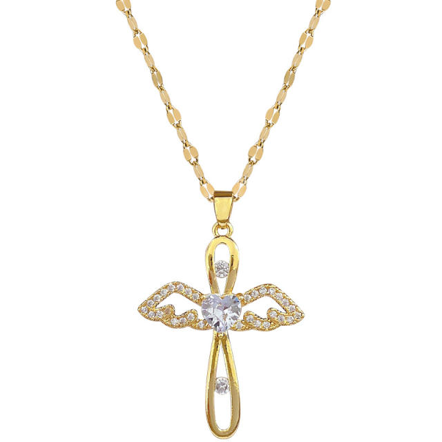 Delicate hollow out angel cross pendant stainless steel chain necklace