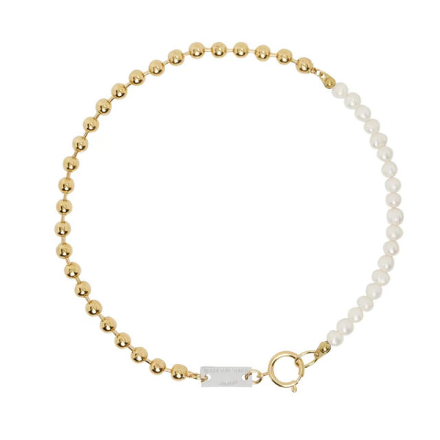 Popular chunky cuban link chain pearl chain two tone stainless steel necklace