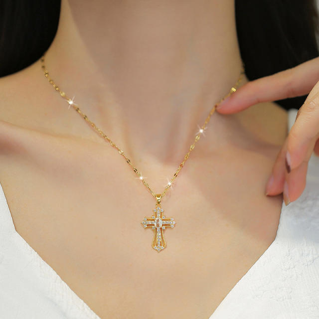 Delicate diamond cross pendant stainless steel chain necklace