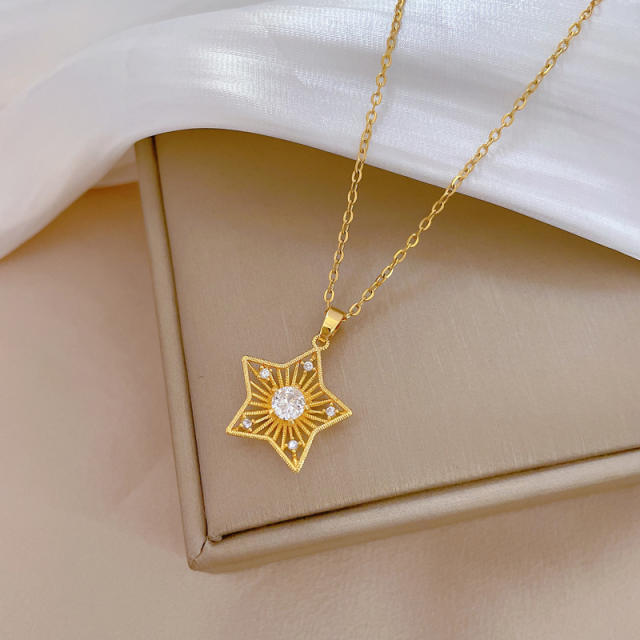 Hollow out star pendant stainless steel chain necklace