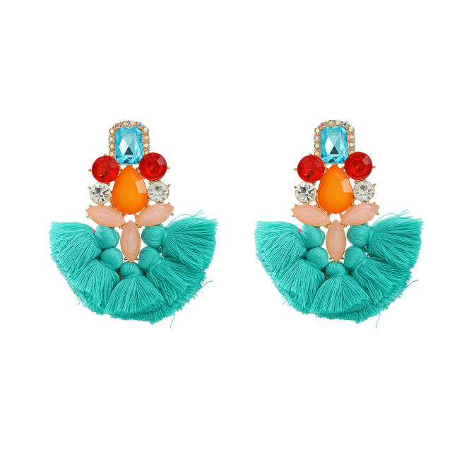 Boho colorful tassel fan design glass crystal statement earrings