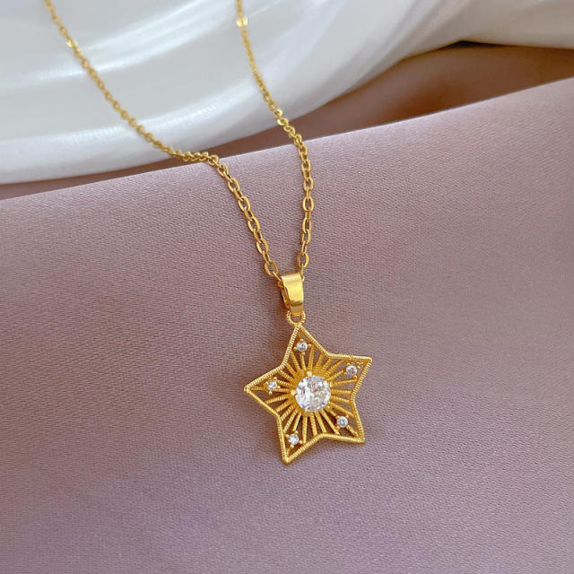 Hollow out star pendant stainless steel chain necklace
