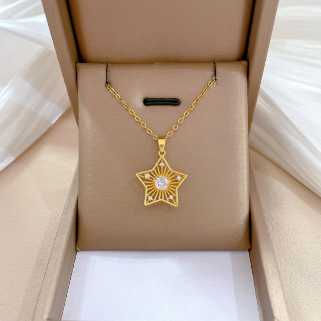 Hollow out star pendant stainless steel chain necklace