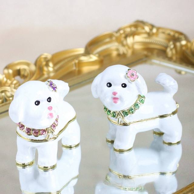 Cute white enamel cute dog metal jewelry box trinket box