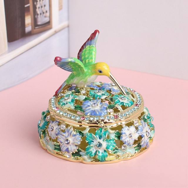 Handmade enamel rhinestone setting hummingbird jewelry box trinket box