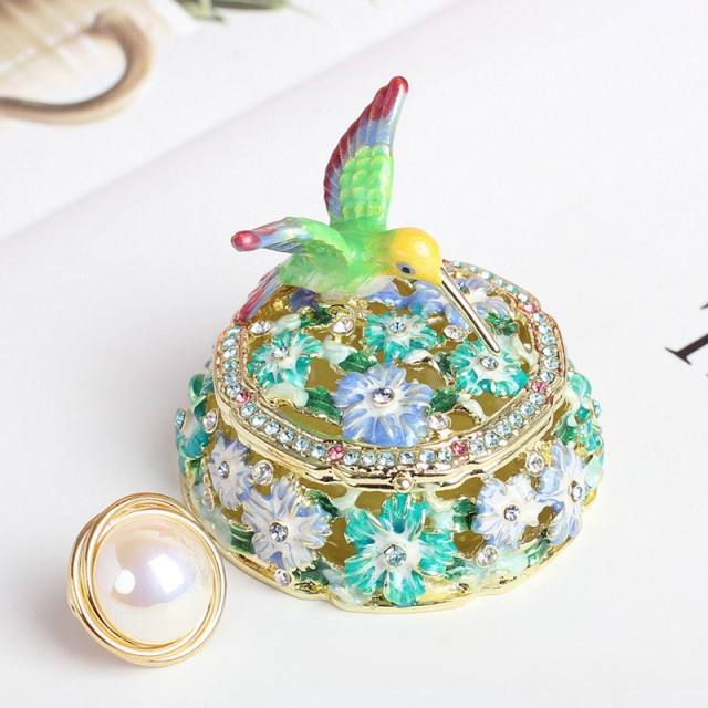 Handmade enamel rhinestone setting hummingbird jewelry box trinket box