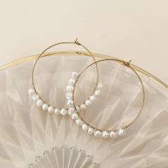 Concise water pearl bead stainless steel big hoop earrings