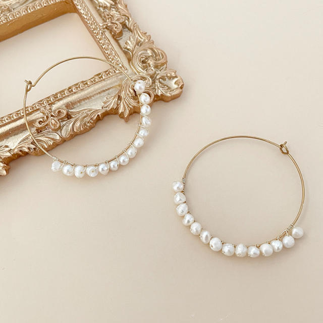 Concise water pearl bead stainless steel big hoop earrings