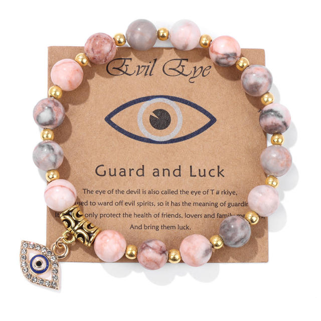 Hot sale natural stone bead evil eye charm elastic bracelet with cards