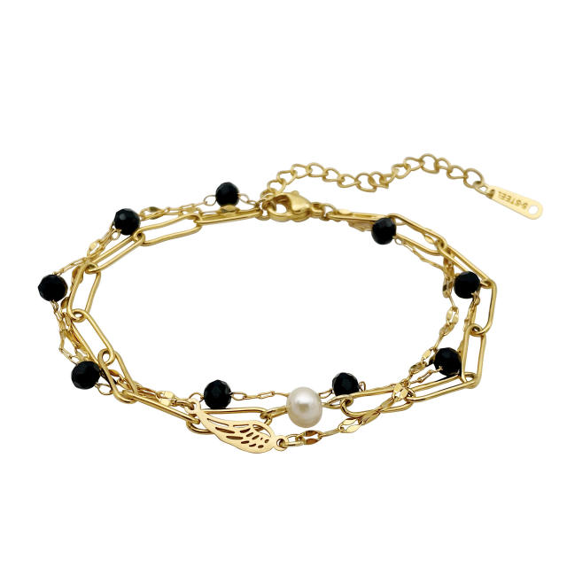Water pearl bead black crystal bead angel wing stainless steel three layer bracelet