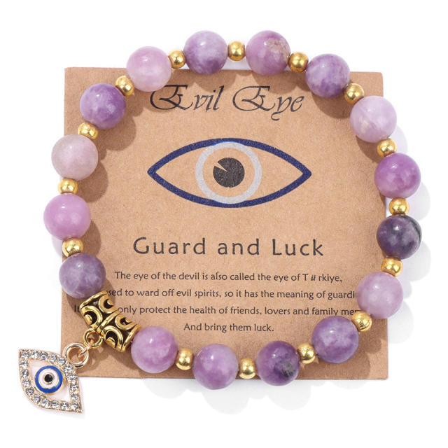 Hot sale natural stone bead evil eye charm elastic bracelet with cards