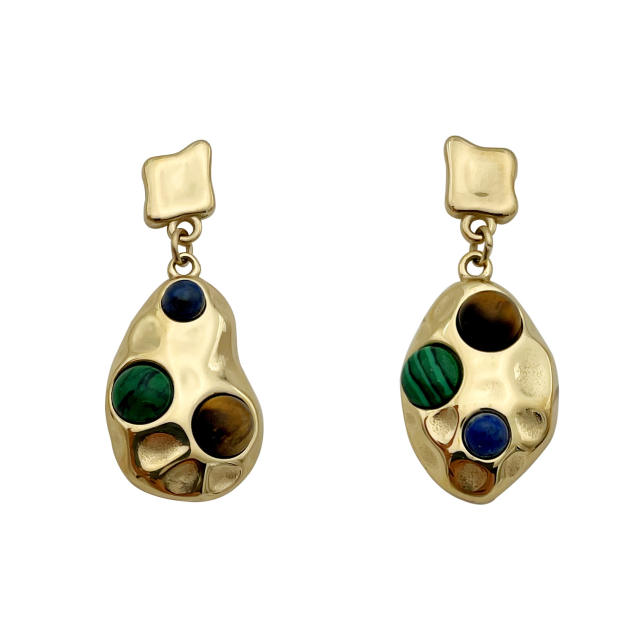 14KG vintage colorful stone bead geometric stainless steel dangle earrings