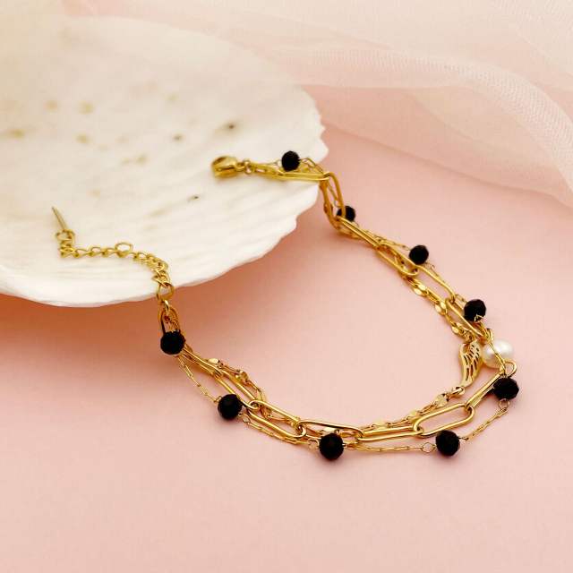 Water pearl bead black crystal bead angel wing stainless steel three layer bracelet