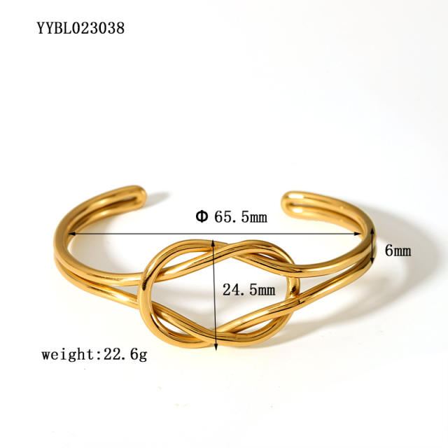 18KG personality gold color knotted twisted stainless steel cuff bangle