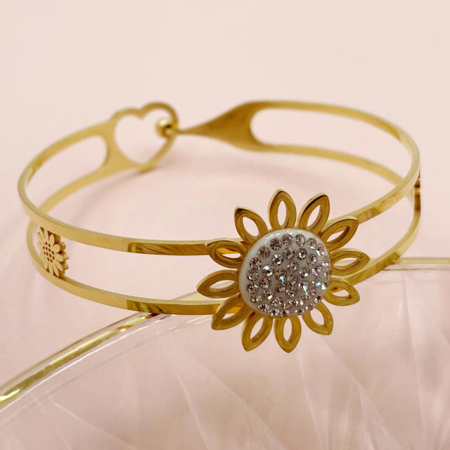 14KG diamond daisy flower cross stainless steel cuff bangle