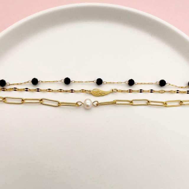 Water pearl bead black crystal bead angel wing stainless steel three layer bracelet