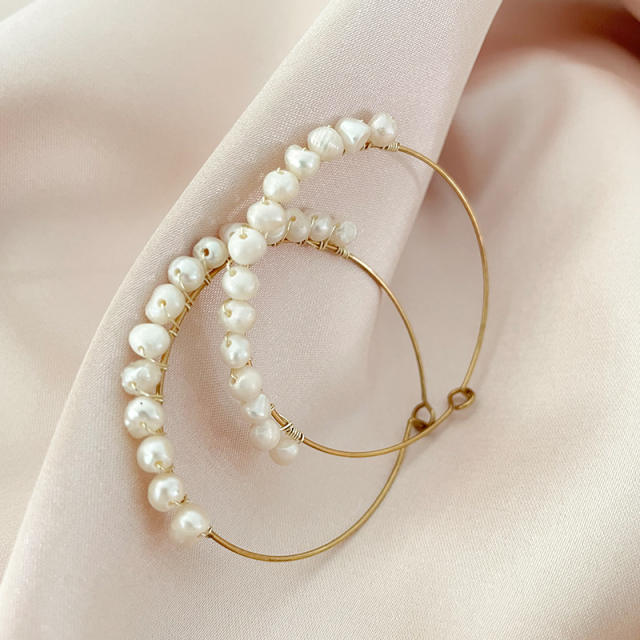 Concise water pearl bead stainless steel big hoop earrings