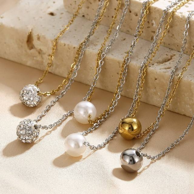Chic diamond ball gold silver ball pendant stainless steel necklace