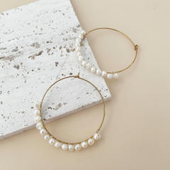 Concise water pearl bead stainless steel big hoop earrings