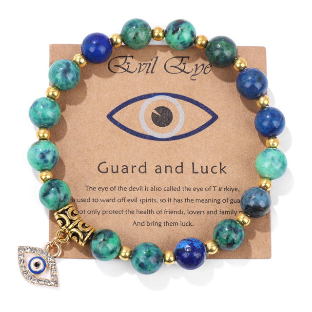 Hot sale natural stone bead evil eye charm elastic bracelet with cards