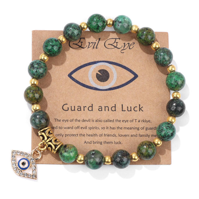 Hot sale natural stone bead evil eye charm elastic bracelet with cards