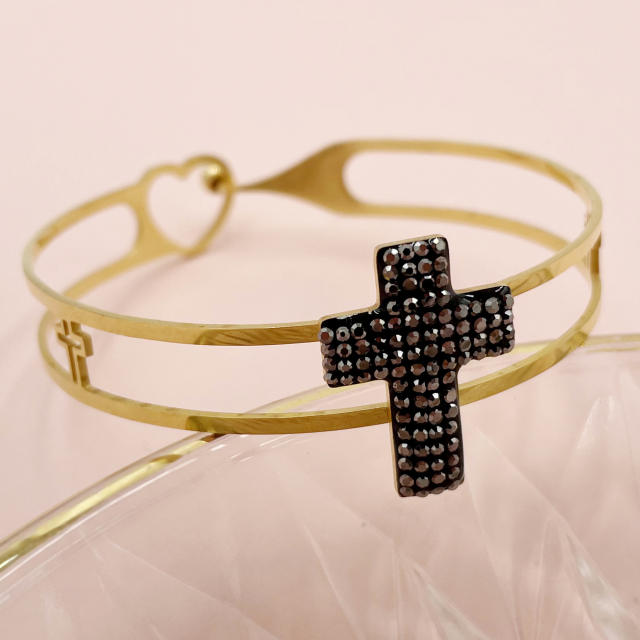 14KG diamond daisy flower cross stainless steel cuff bangle