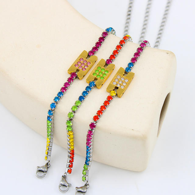 Delicate rainbow cubic zircon stainless steel tennis chain bracelet