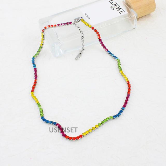 Delicate rainbow cubic zircon diamond stainless steel necklace bracelet set