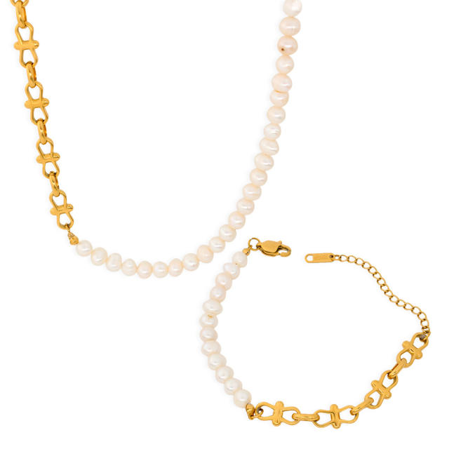 Baroque pearl stainless steel chain Asymmetrical necklace