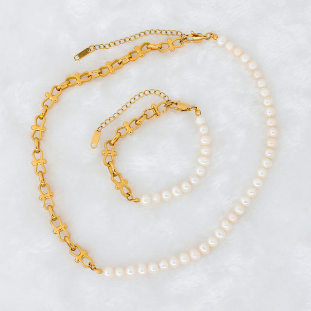 Baroque pearl stainless steel chain Asymmetrical necklace