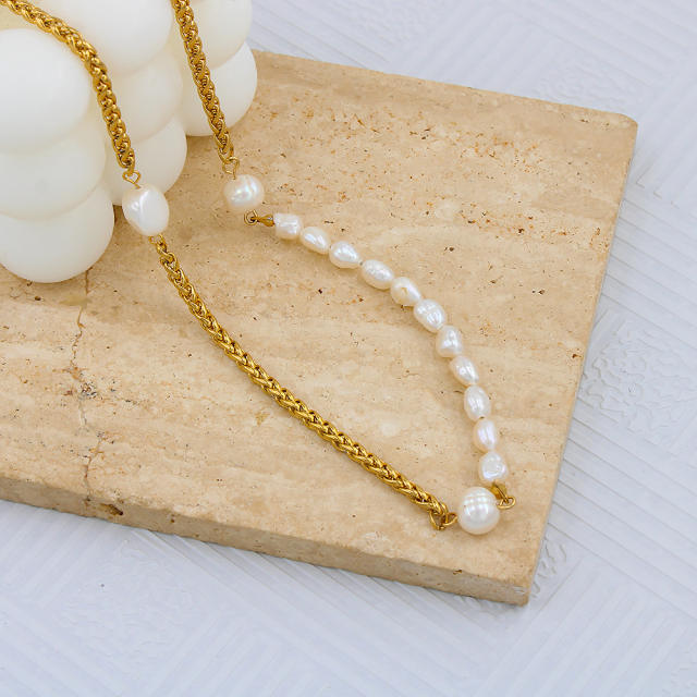 Vintage baroque pearl stainless steel chain necklace