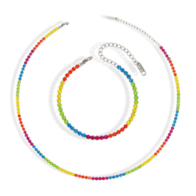 Delicate rainbow cubic zircon diamond stainless steel necklace bracelet set