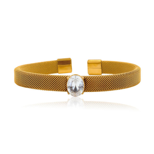 Chunky wireless design oval shape cubic zircon diamond stainless steel cuff bangles