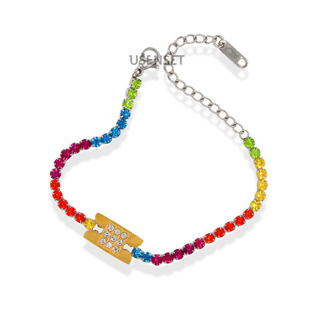 Delicate rainbow cubic zircon stainless steel tennis chain bracelet