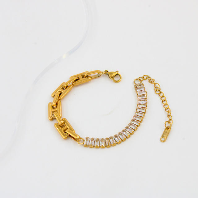 Delicate colorful rhinestone stainless steel chain Asymmetrical necklace bracelet set