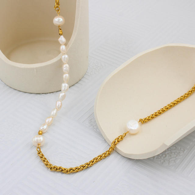Vintage baroque pearl stainless steel chain necklace