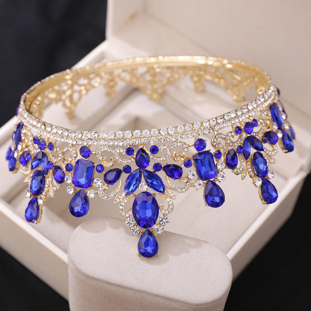 Baroque luxury colorful glass crystal stone round hair crown